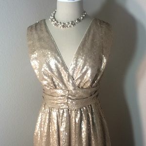 Eva Mendes Gold Sparkling Sleeveless Midi Dress